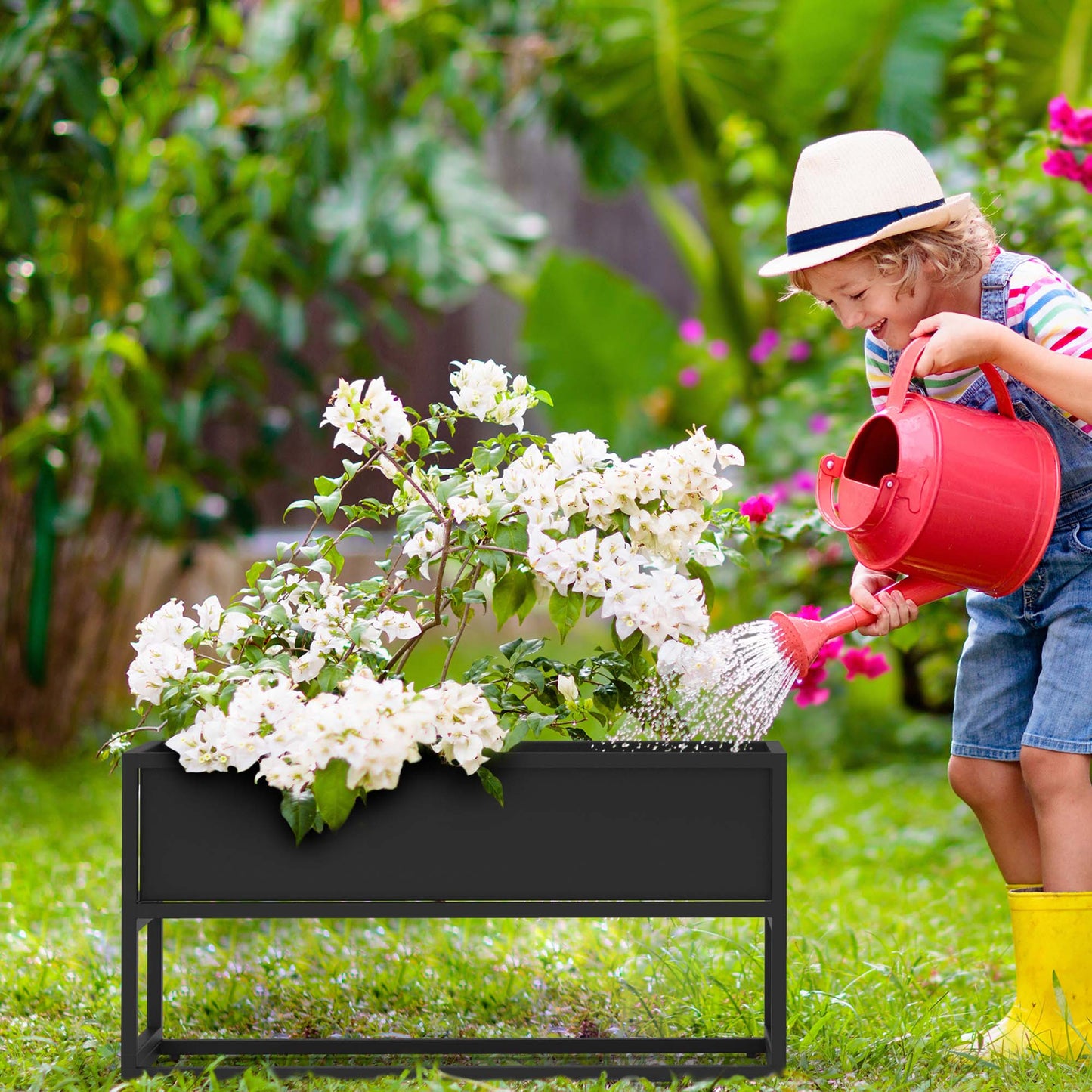 Black Metal Planter Box with Stand – Modern Elevated Indoor/Outdoor Planter for Succulents, Herbs & Flowers