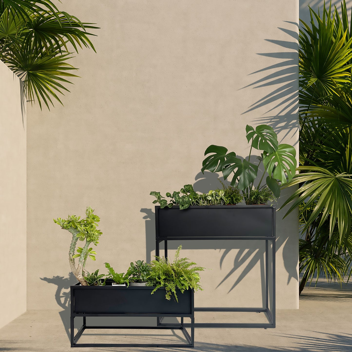 Black Metal Planter Box with Stand – Modern Elevated Indoor/Outdoor Planter for Succulents, Herbs & Flowers