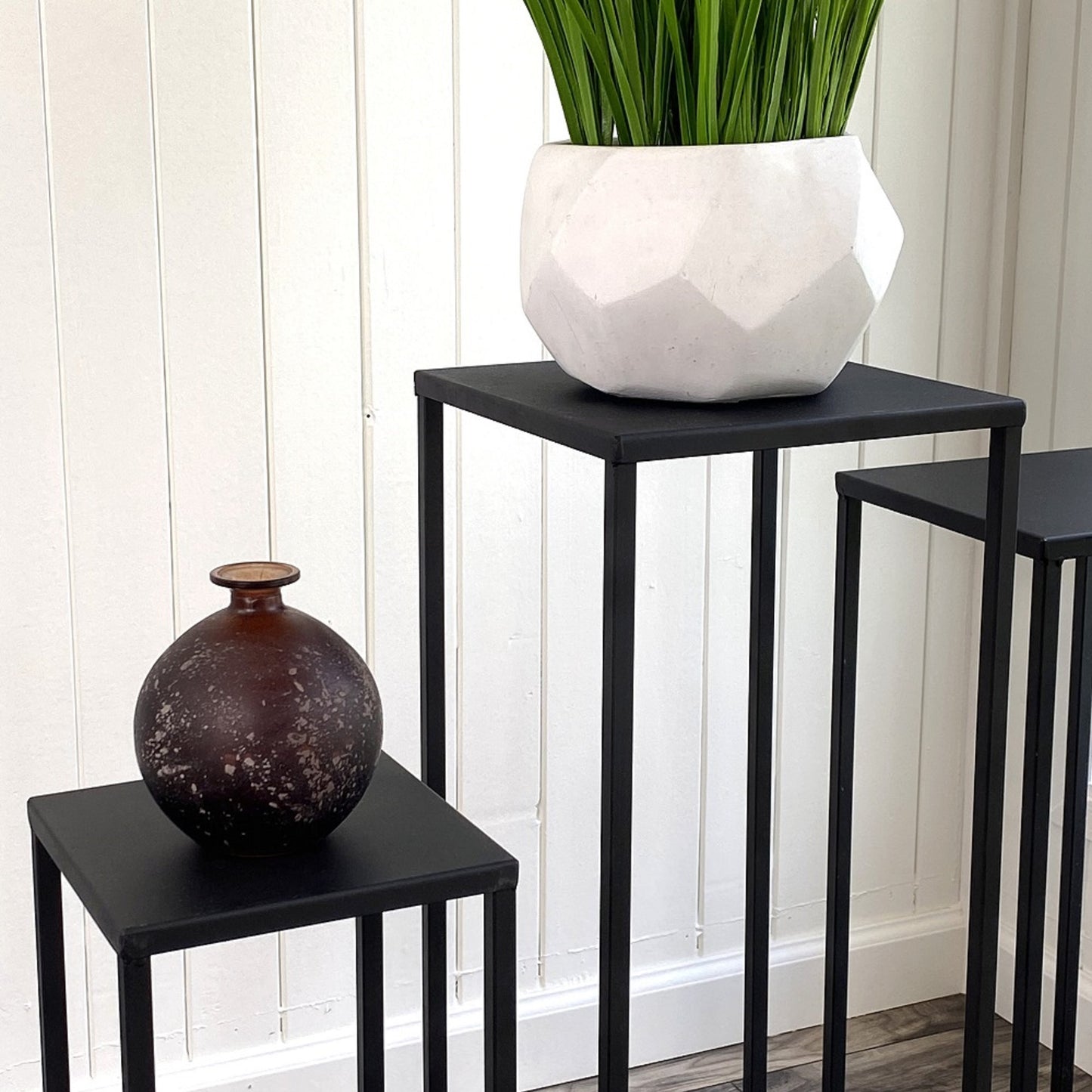 Three Nesting Metal Plant Stands, Side End Table Set, Black