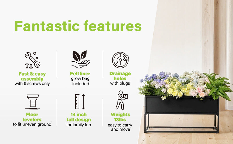 Black Metal Planter Box with Stand – Modern Elevated Indoor/Outdoor Planter for Succulents, Herbs & Flowers