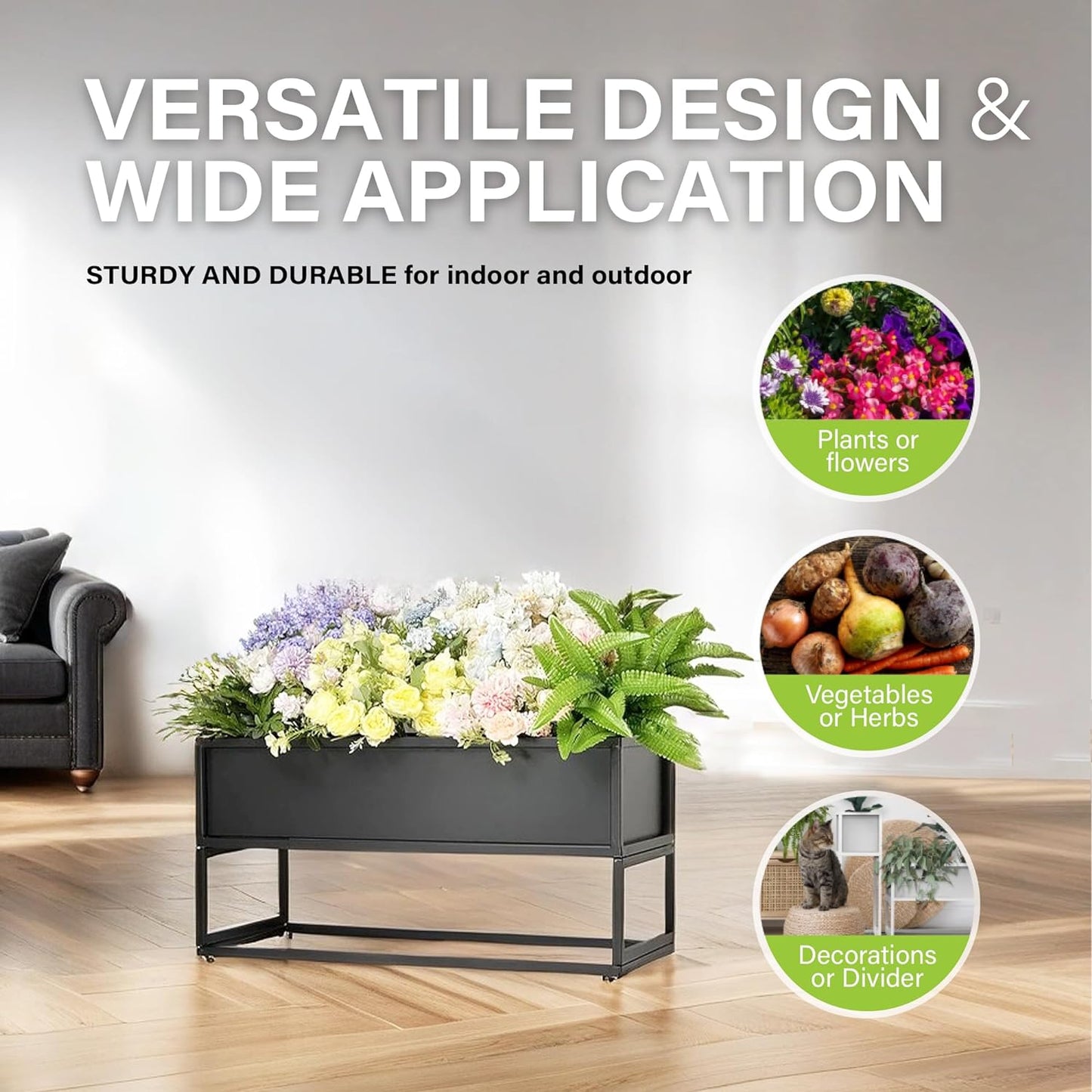 Black Metal Planter Box with Stand – Modern Elevated Indoor/Outdoor Planter for Succulents, Herbs & Flowers