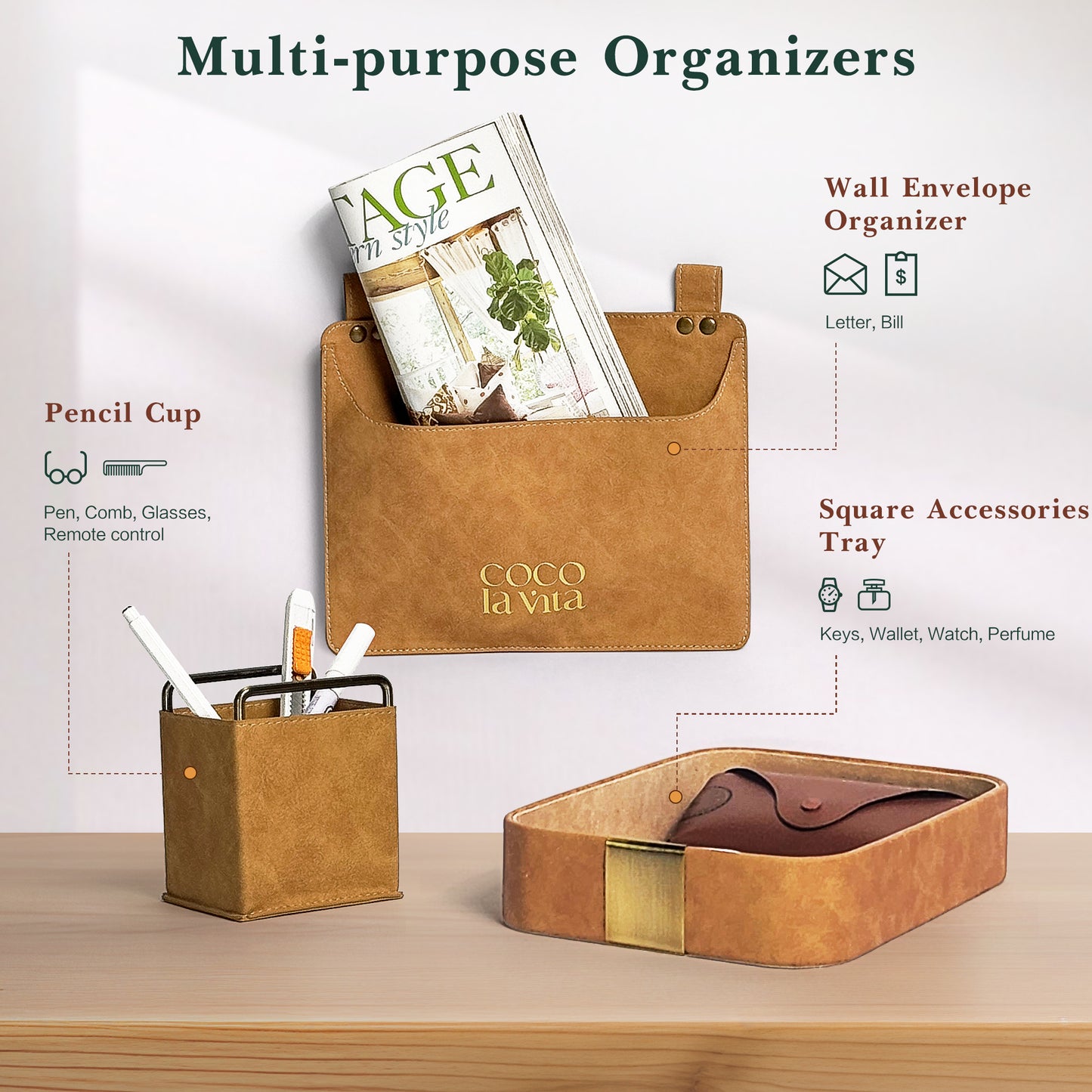 COCO la Vita Luxury PU Leather Tray, Stylish and Durable Catch-All Organizer for Desk, Vanity, Nightstand, and Kitchen