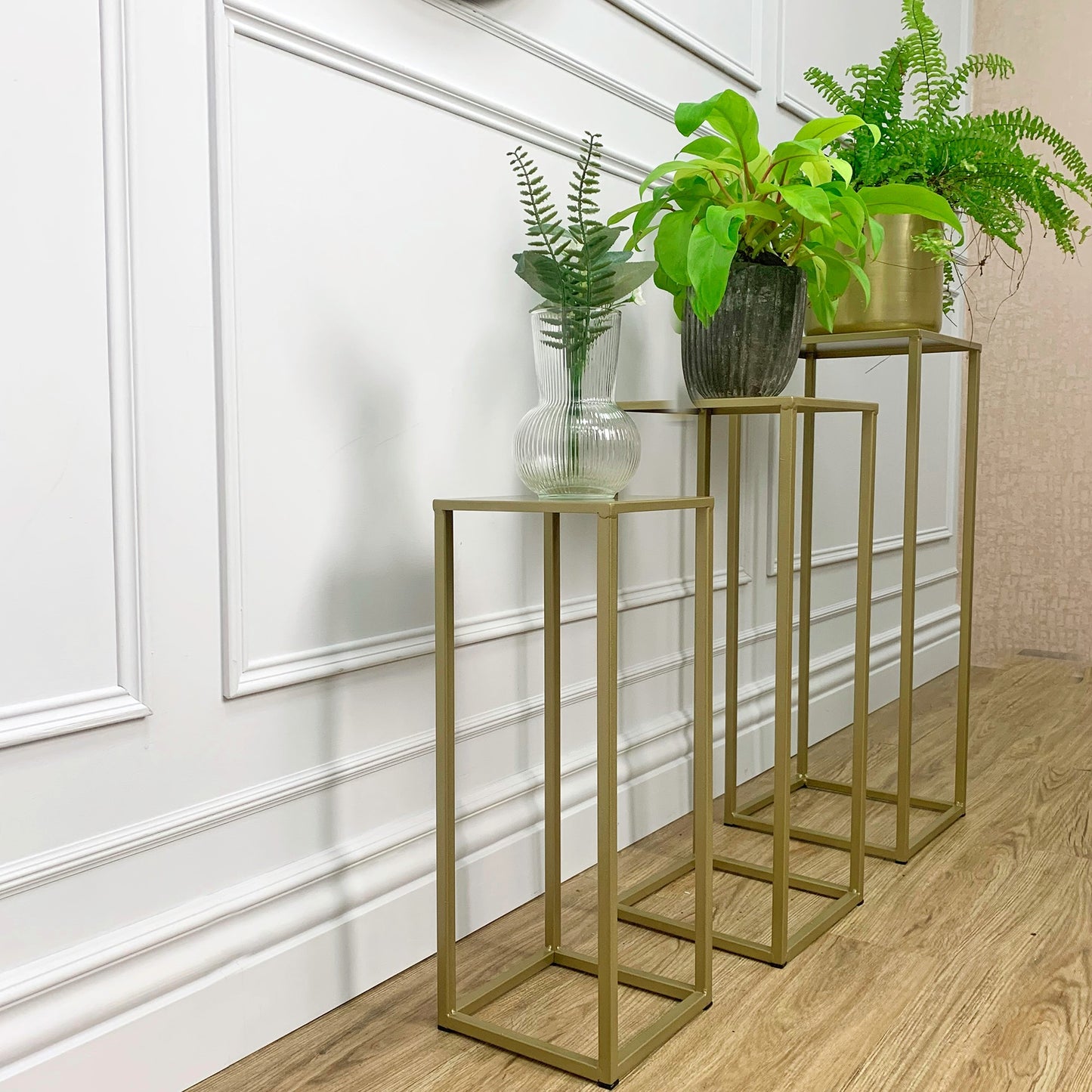 Three Nesting Metal Plant Stands, Side End Table Set, Gold