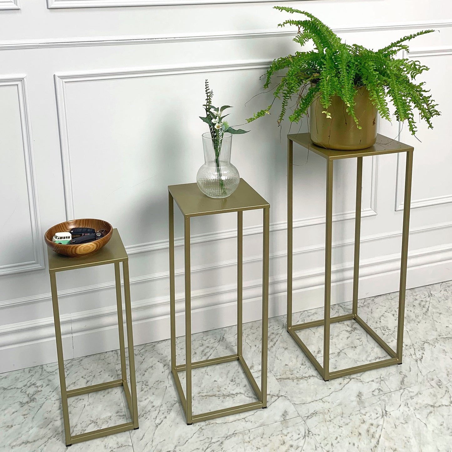 Three Nesting Metal Plant Stands, Side End Table Set, Gold