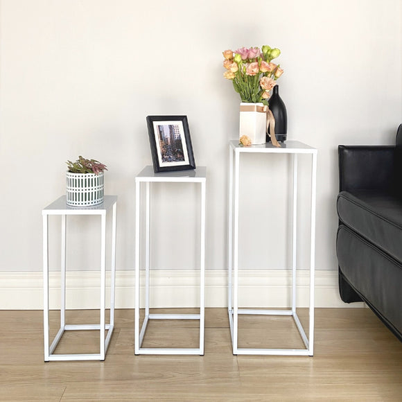 Three Nesting Metal Plant Stands, Side End Table Set, White