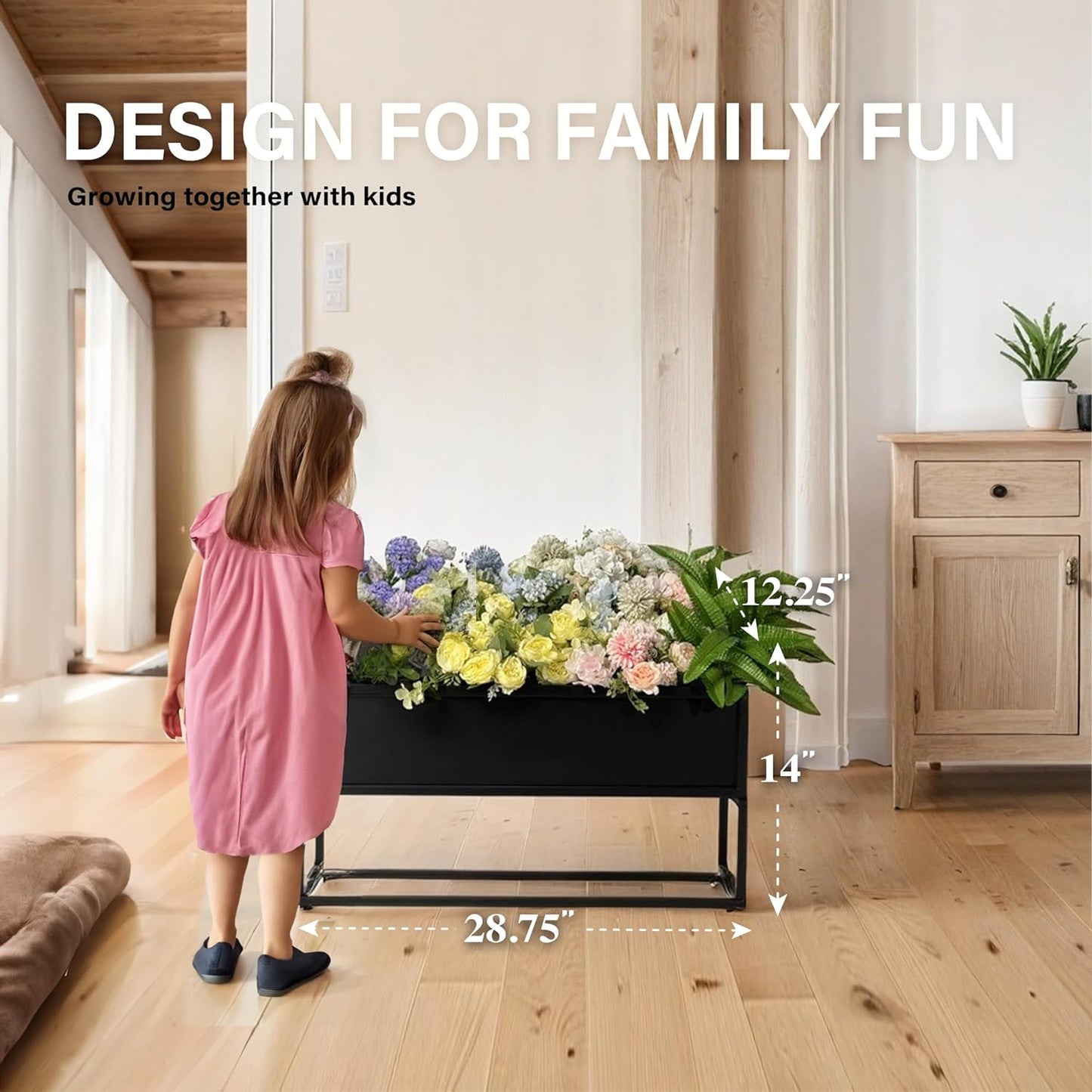 Black Metal Planter Box with Stand – Modern Elevated Indoor/Outdoor Planter for Succulents, Herbs & Flowers