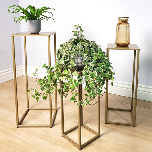 Three Nesting Metal Plant Stands, Side End Table Set, Gold