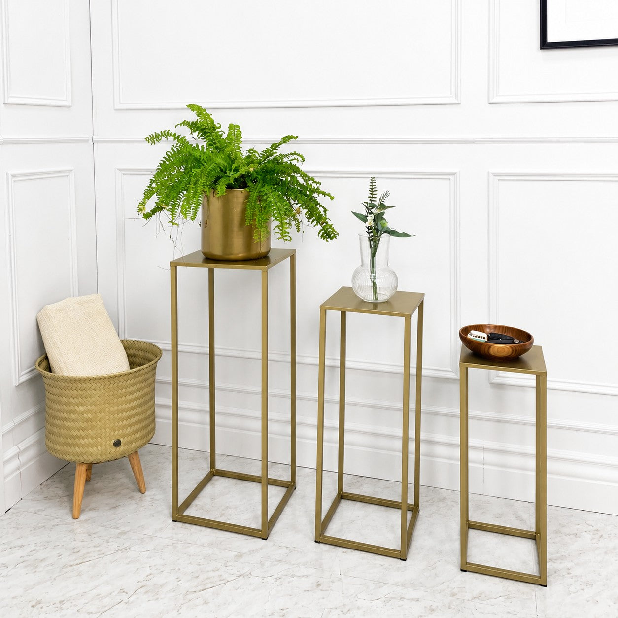 Geometric Centerpieces for Wedding Tables, Three Nesting Metal Plant Stands, Gold