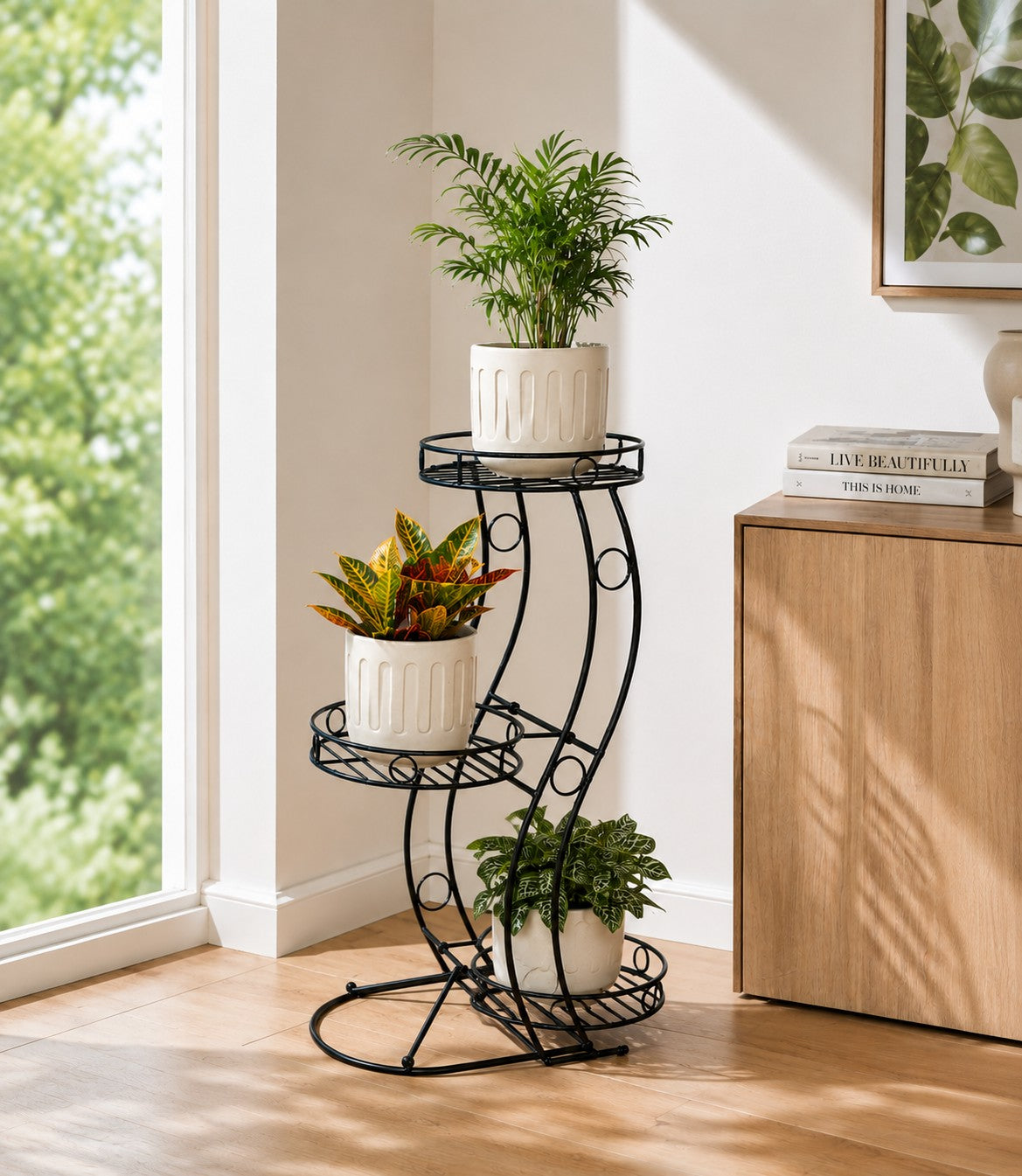 No-Assembly Space-Saving Metal Plant Stand, Indoor & Outdoor Plant Holder, Large