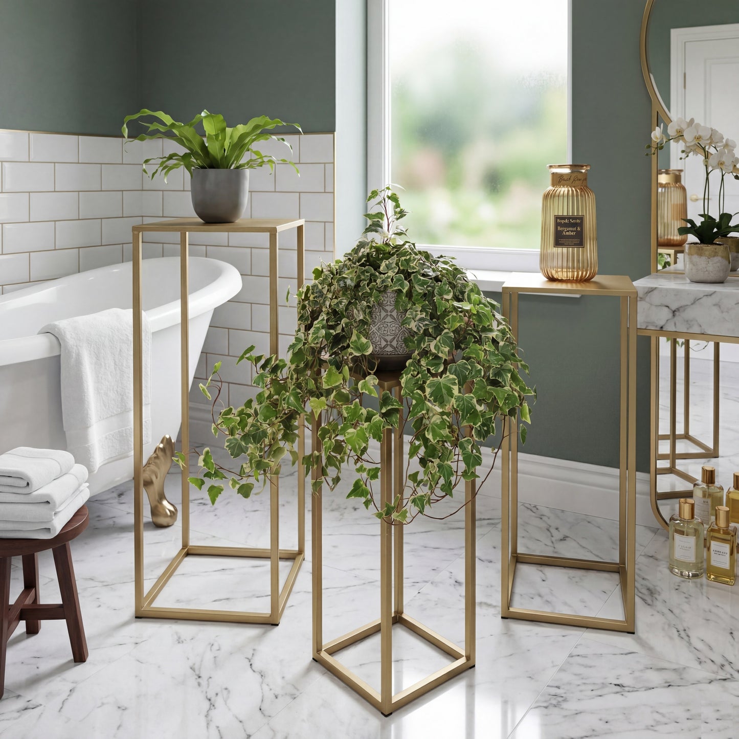 Geometric Centerpieces for Wedding Tables, Three Nesting Metal Plant Stands, Gold