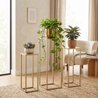 Three Nesting Metal Plant Stands, Side End Table Set, Gold