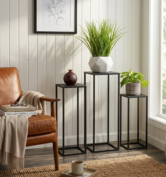 Set of 3 Modern Black Metal Plant Stands