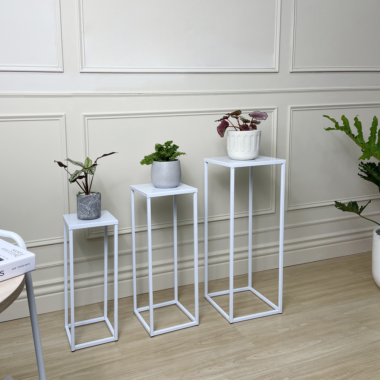 Three Nesting Metal Plant Stands, Side End Table Set, White