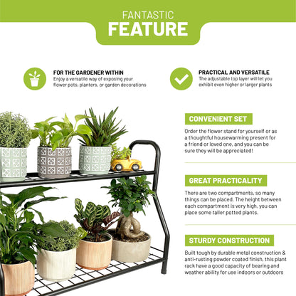 2-Tier Metal Plant Stand – Practical and Adjustable Height Plant Stand – Ideal for Indoor or Outdoor
